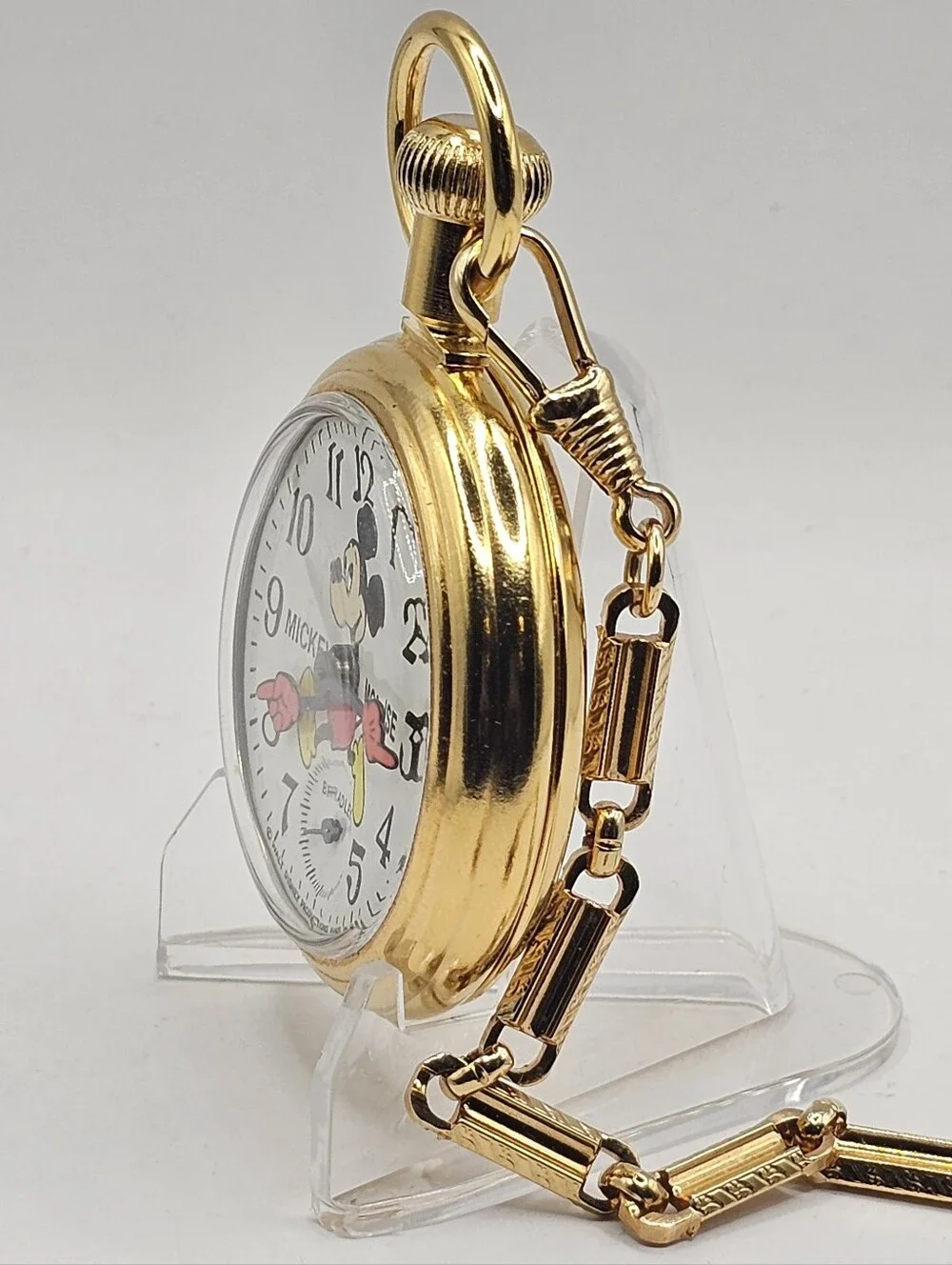 Vintage Bradley Mickey Mouse Gold Train Pocket Watch & Original Case Running